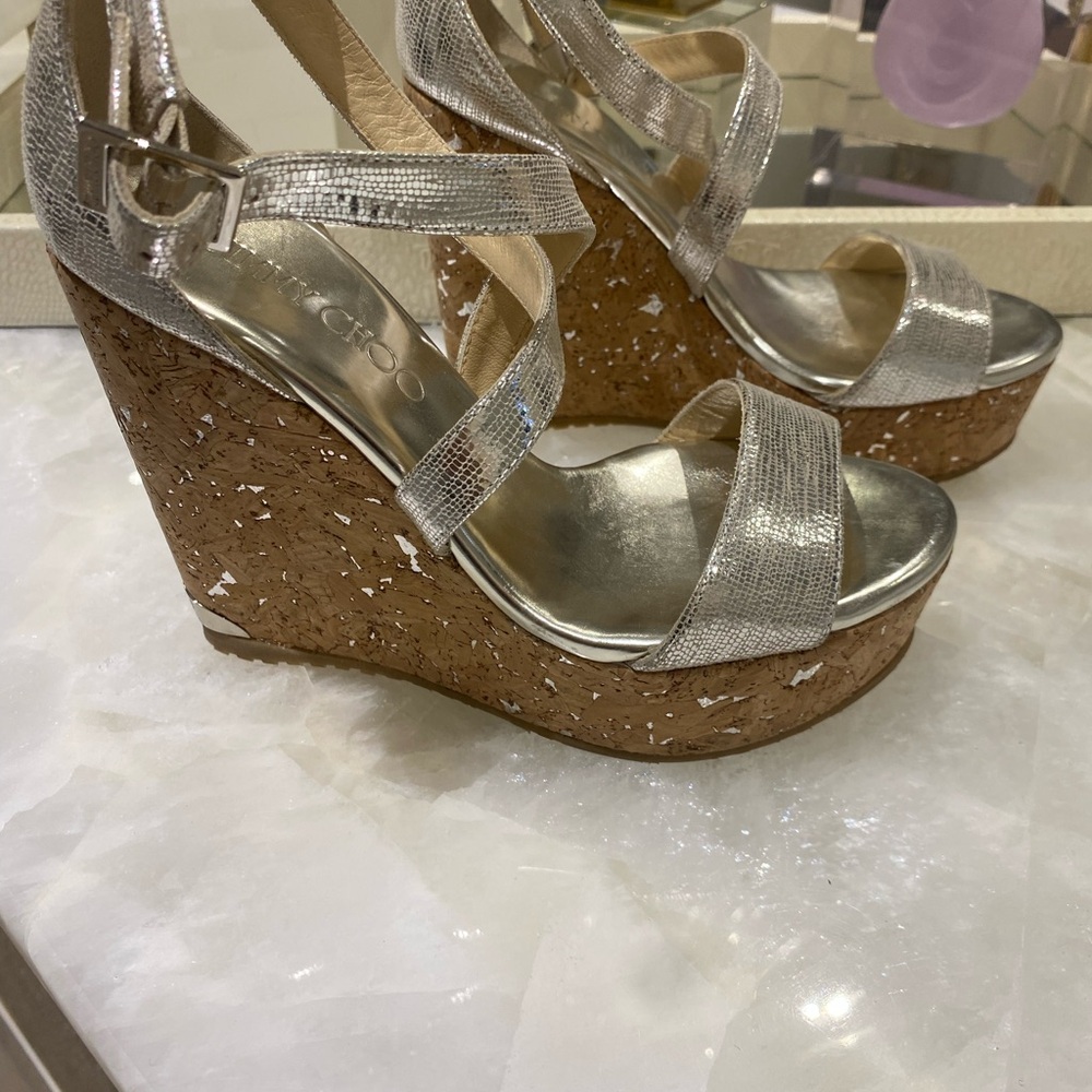 Jimmy Choo Silver Brown Wedge Sandals